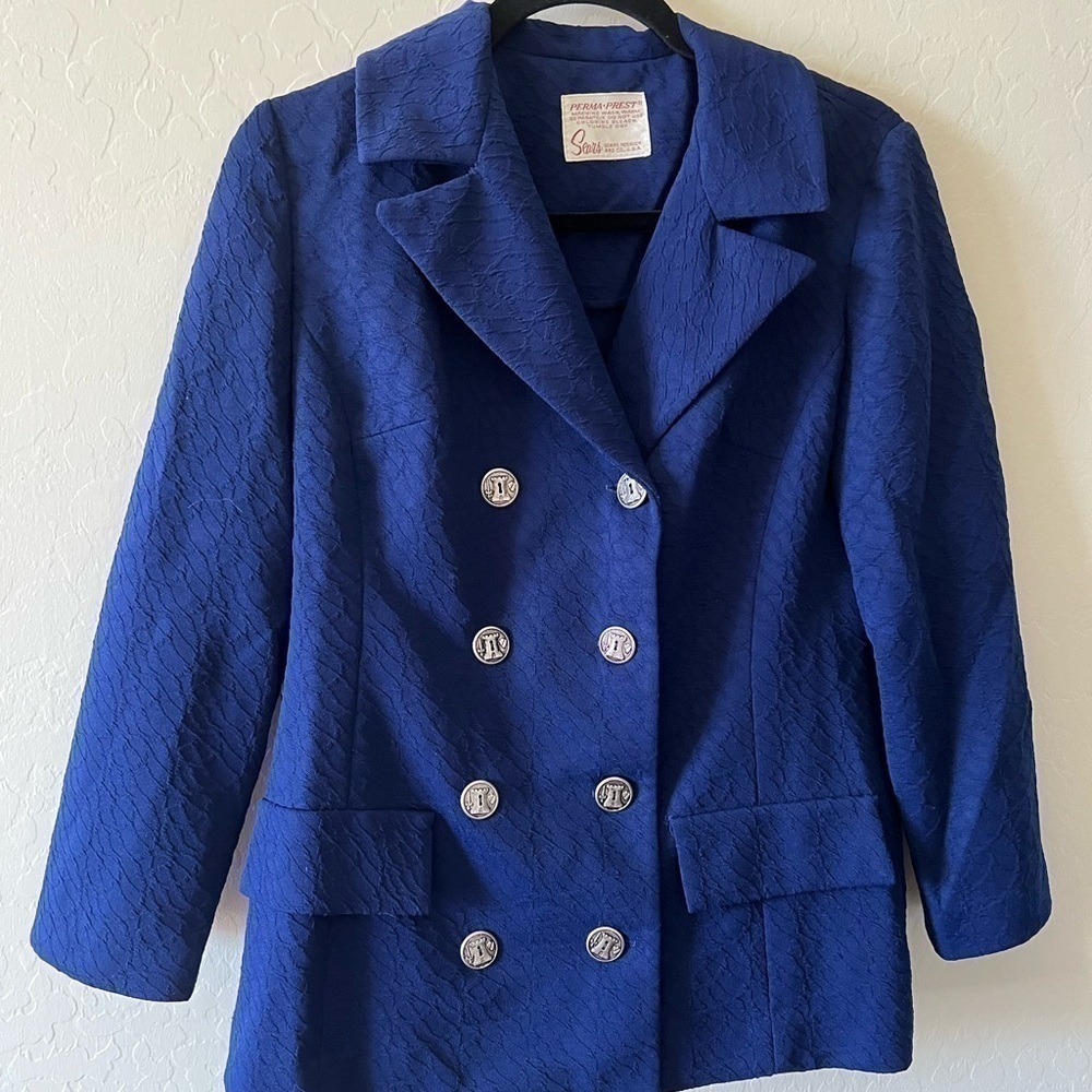 Sears | 70’s polyester double breasted blue jacket with medieval silver buttons